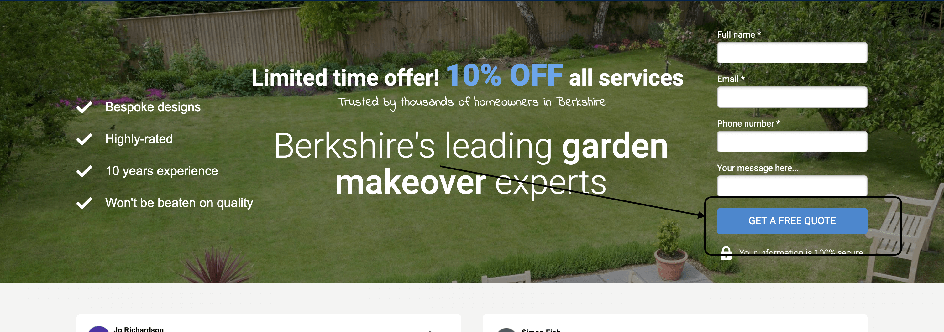 call to action landscaping landing page