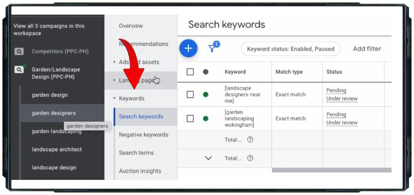 Navigate to your group and keywords​